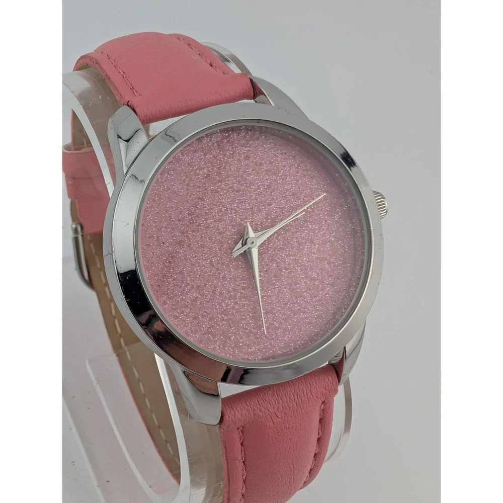 Avon Born To Sparkle Watch Pink Glitter Dial Faux Leather Band- New Battery‎